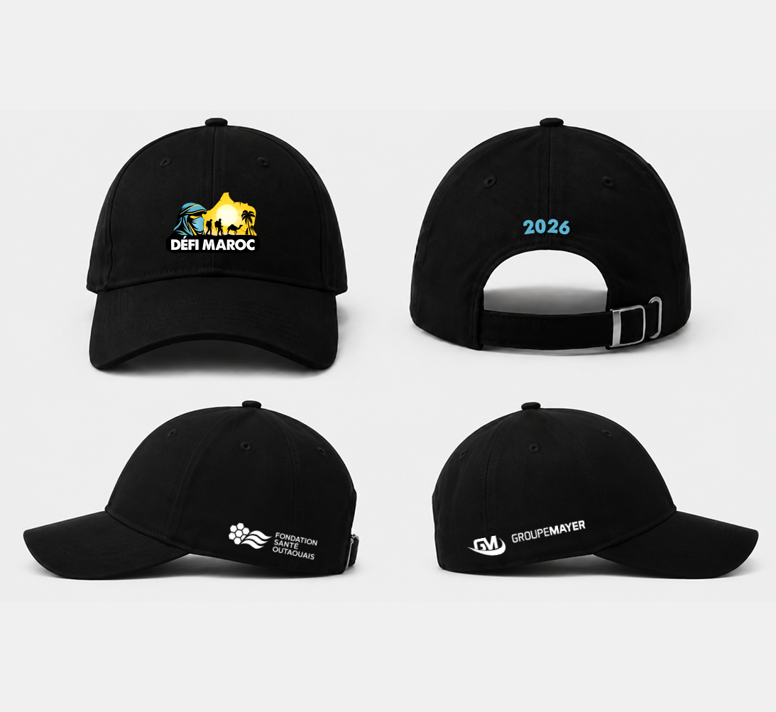 Casquette noire Défi Maroc 2026 — face, dos et côtés