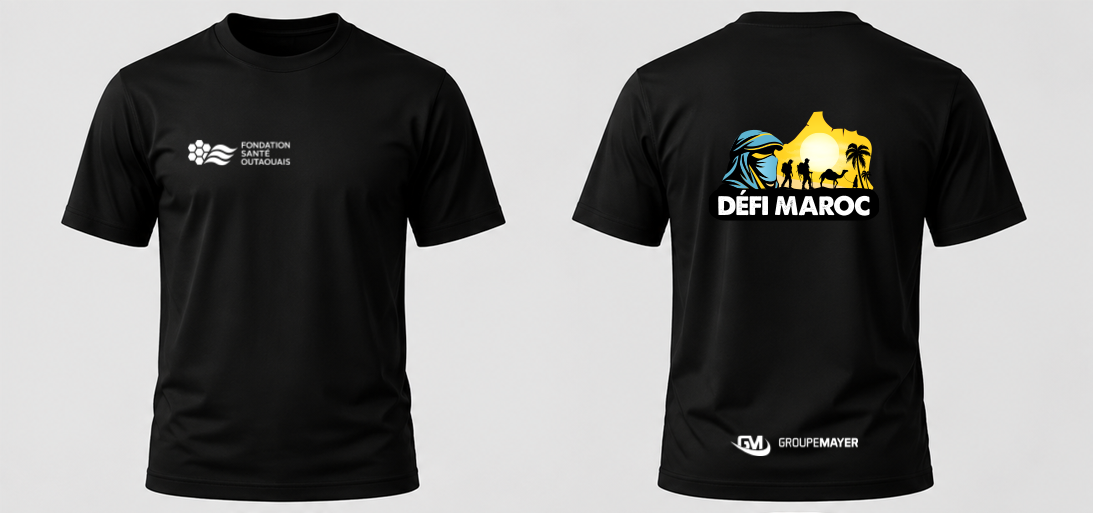 T-shirt noir Défi Maroc — recto Fondation Santé Outaouais, verso illustration Sahara